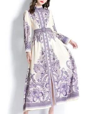 Purple Stand Collar Floral Print Long Sleeve Boho Dress Maxi Dress With Botton