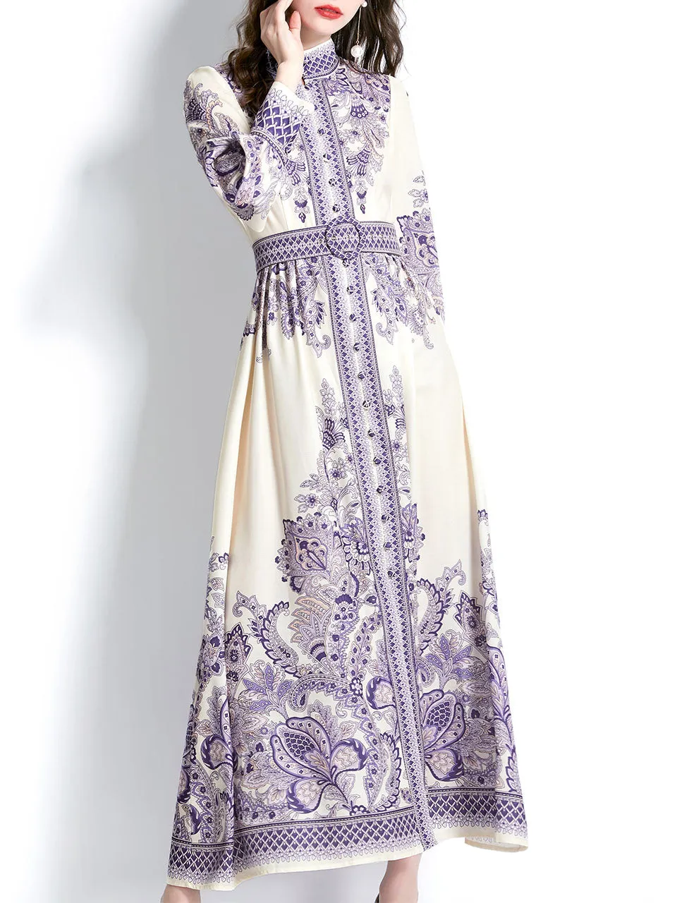 Purple Stand Collar Floral Print Long Sleeve Boho Dress Maxi Dress With Botton