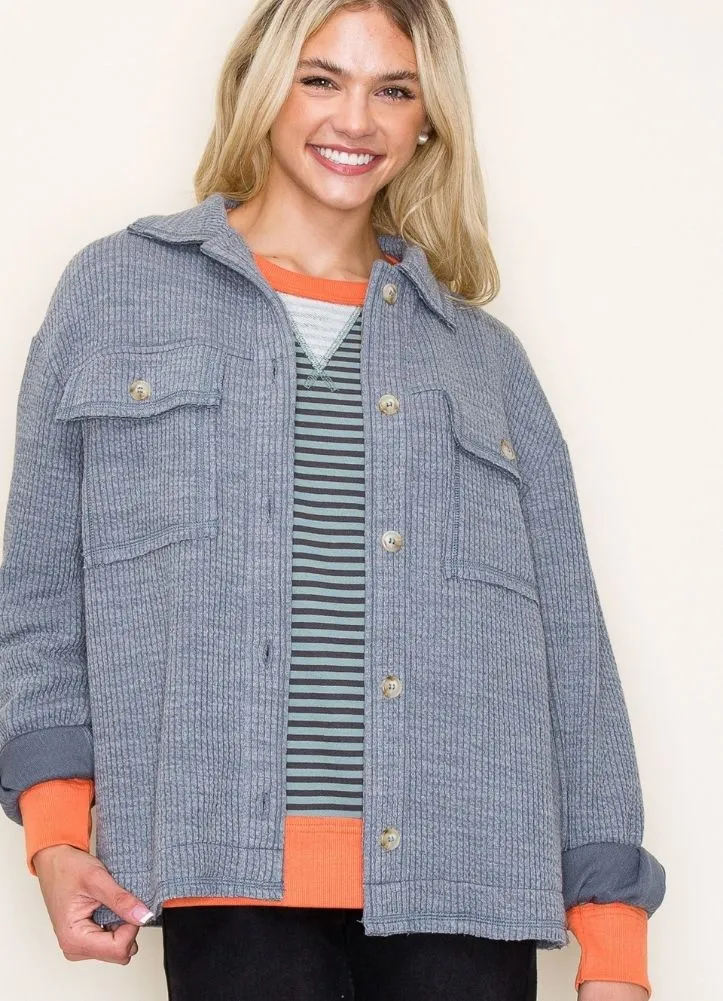 Ribbed Knit Button Down Jacket in Denim by Staccato