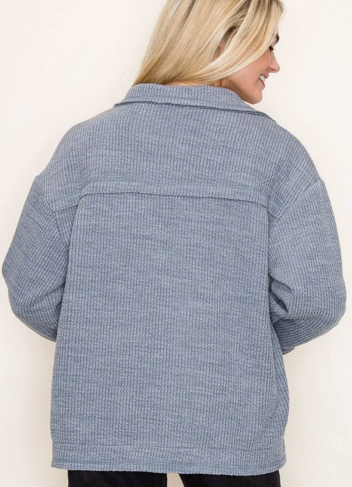 Ribbed Knit Button Down Jacket in Denim by Staccato