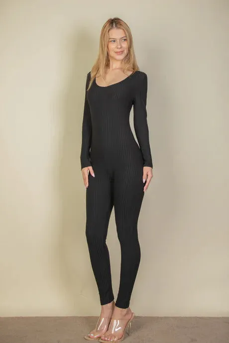 Ribbed Scoop Neck Long Sleeve Jumpsuit - 3 colors