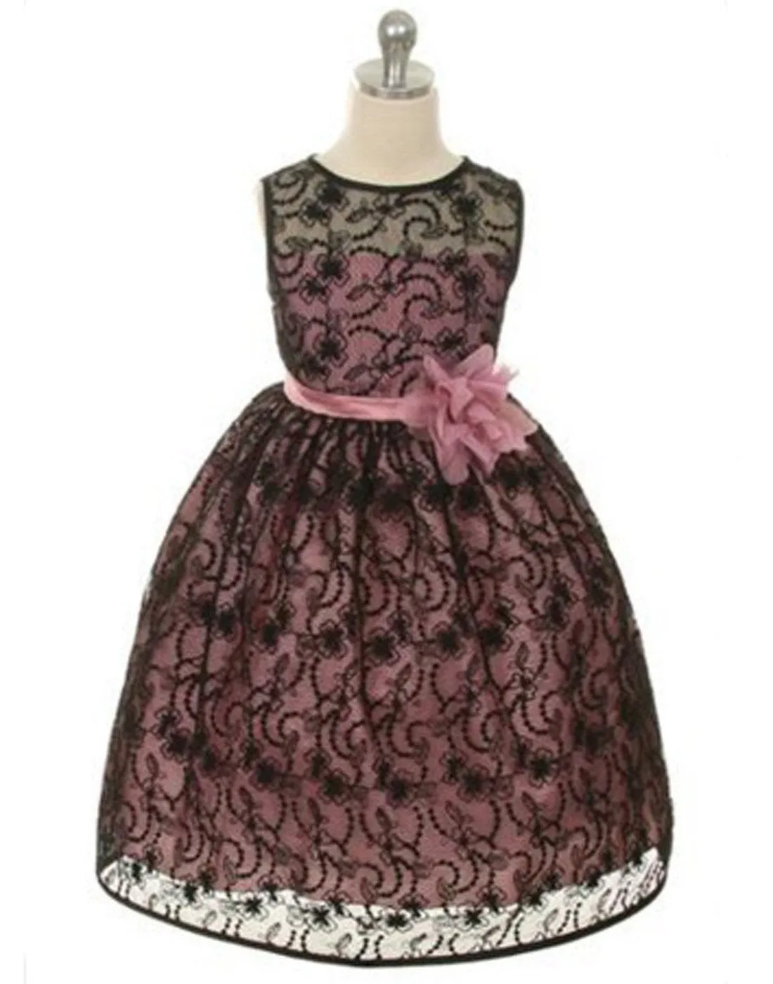 Satin Lining and Floral Overlay Lace Dress - Black / Rose