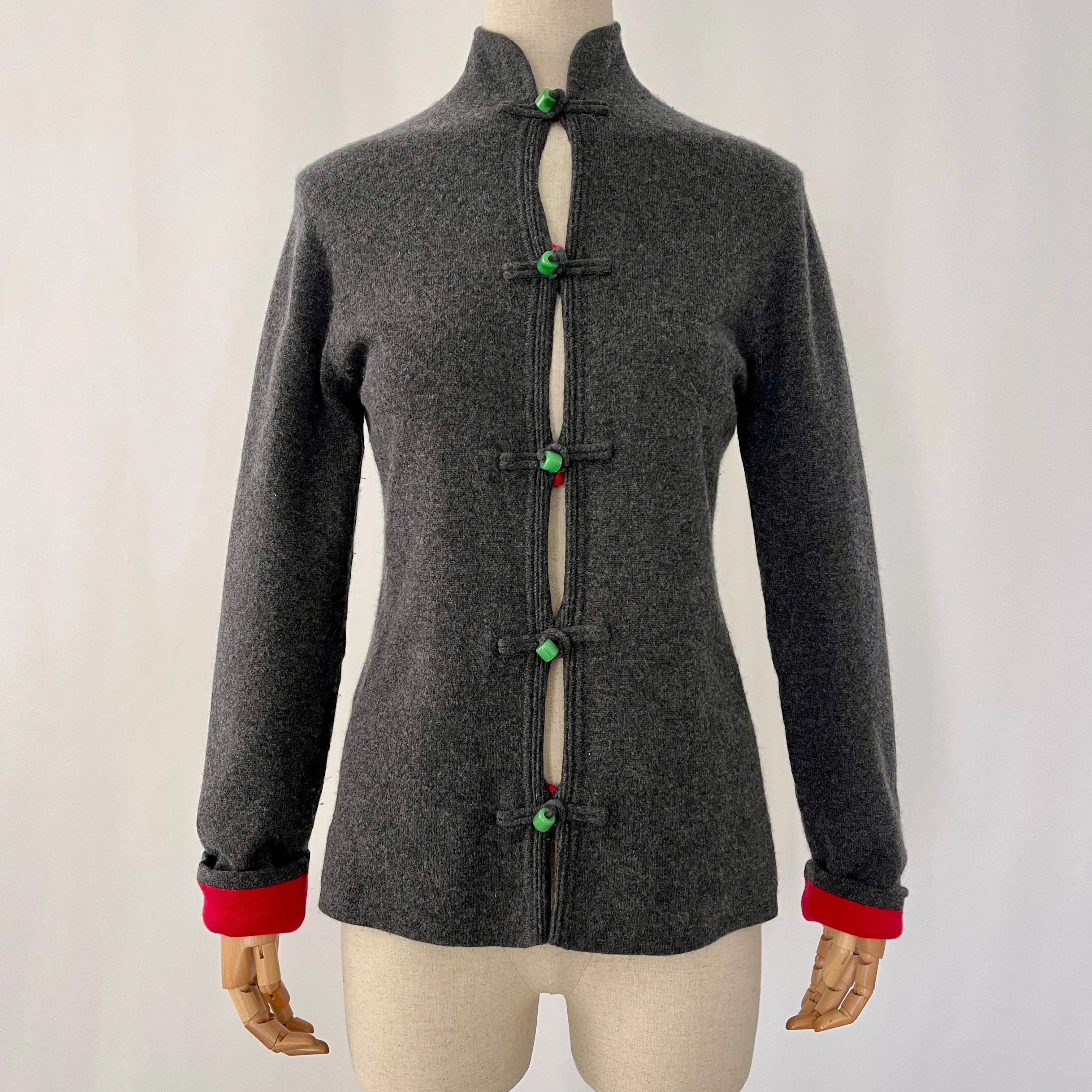 SHANGHAI TANG Reversible Cashmere Cardigan with Jade