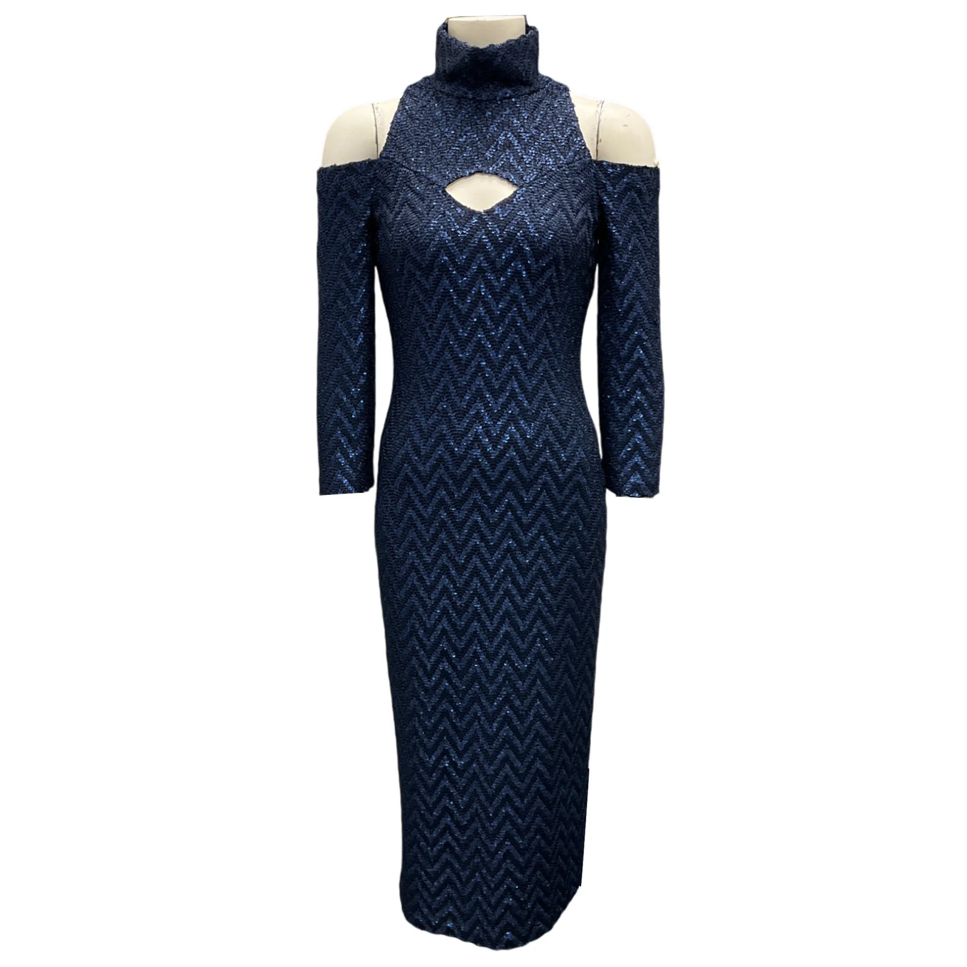 St. John Navy Blue Sequined Chevron Knit Dress