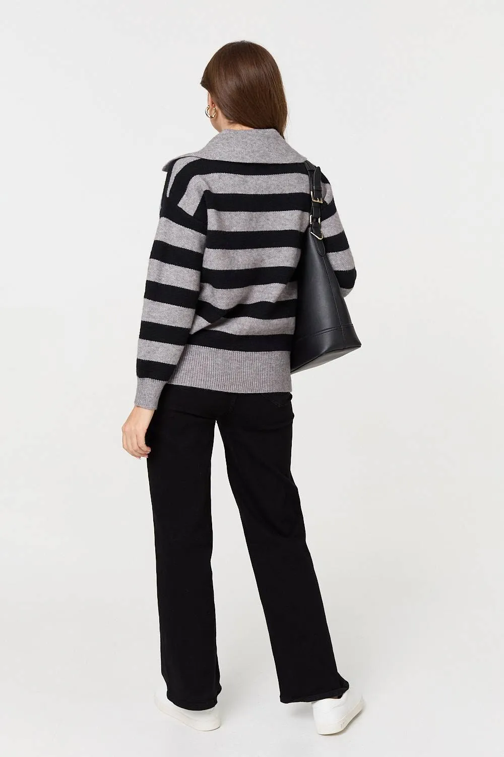 Striped Zip Neck Collared Pullover