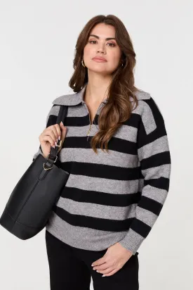 Striped Zip Neck Collared Pullover