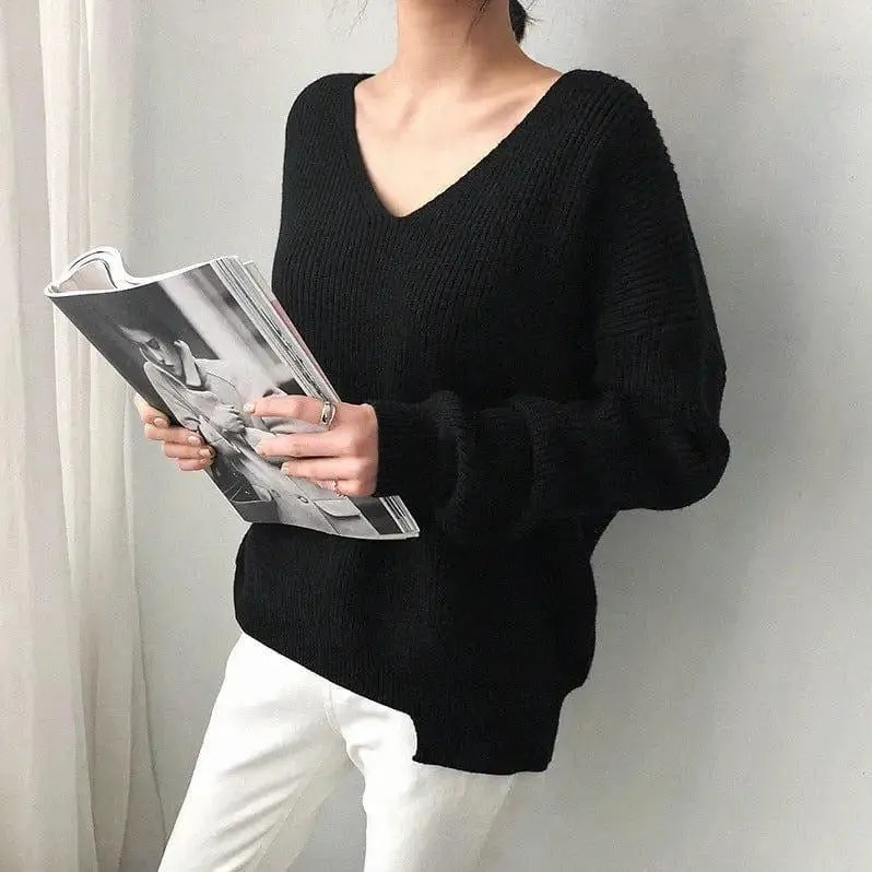 Sweater Black Loose V Neck Sweater Pullover