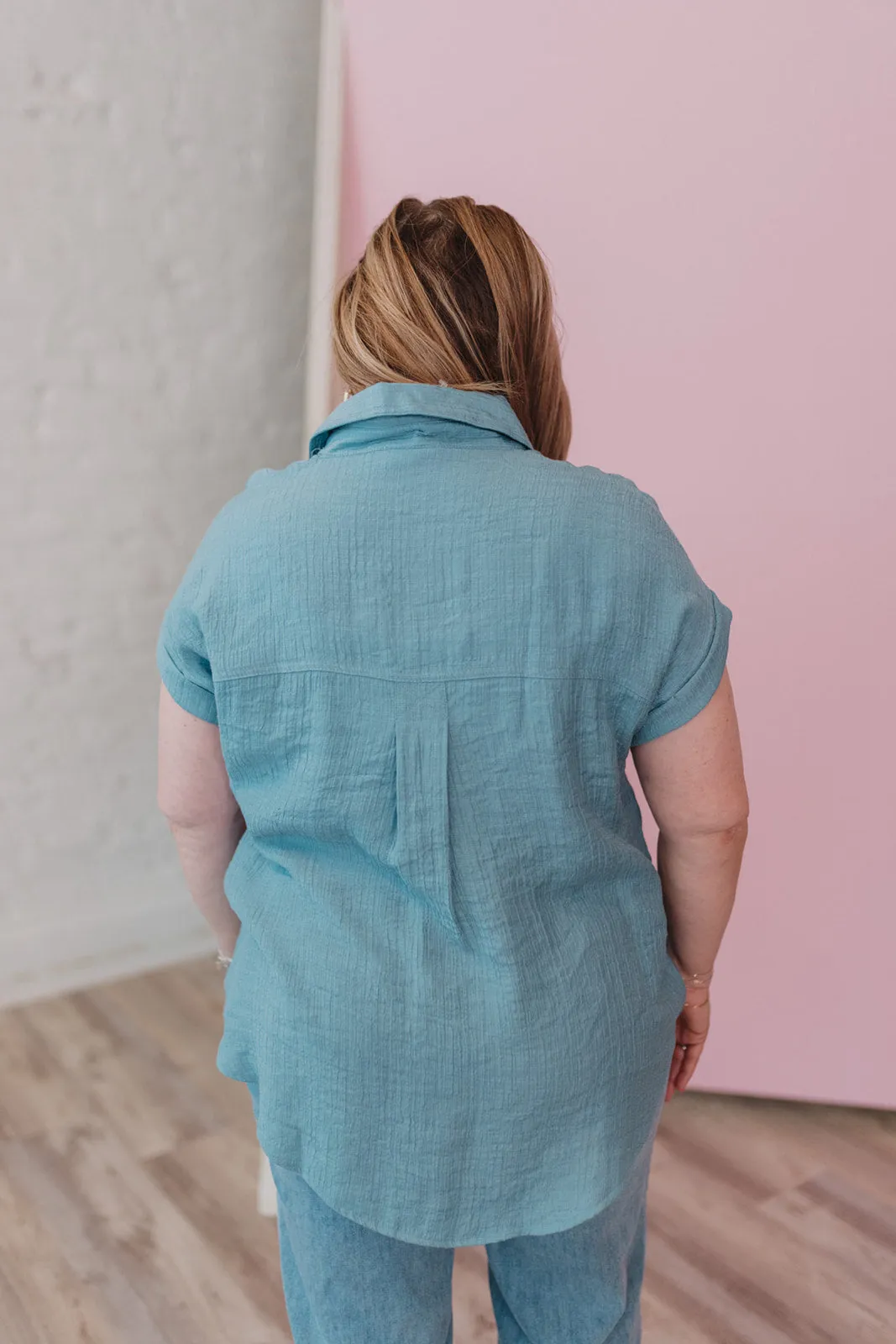 Take The Journey Dusty Blue Button Up Blouse - Extended Sizes