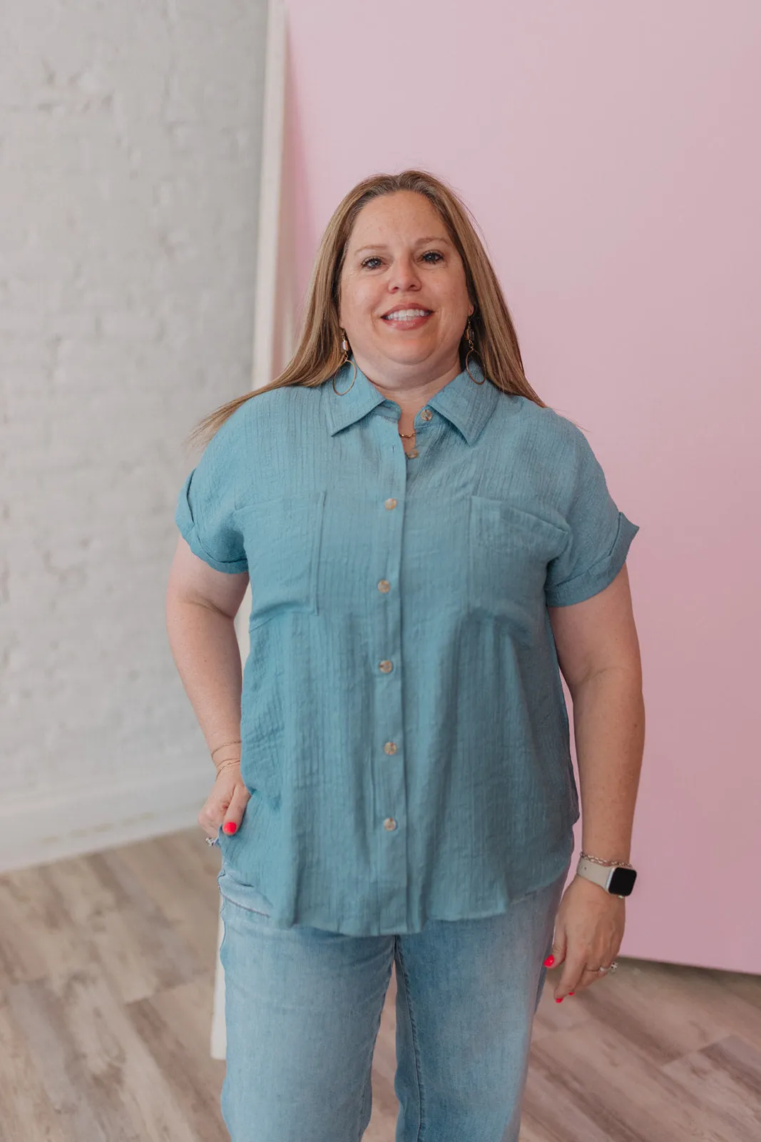 Take The Journey Dusty Blue Button Up Blouse - Extended Sizes