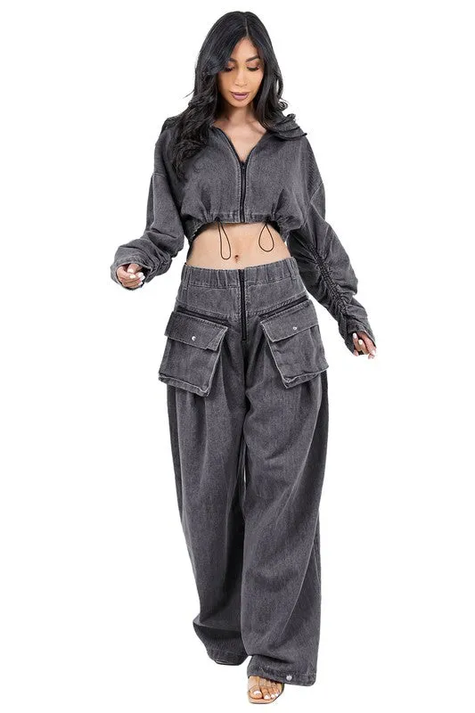 TEEK - DENIM TWO PIECE CROPPED POCKETED PANTS SET