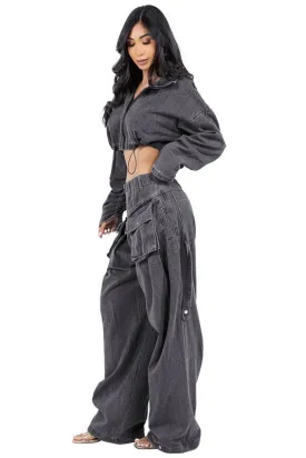 TEEK - DENIM TWO PIECE CROPPED POCKETED PANTS SET