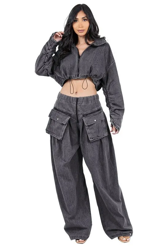 TEEK - DENIM TWO PIECE CROPPED POCKETED PANTS SET