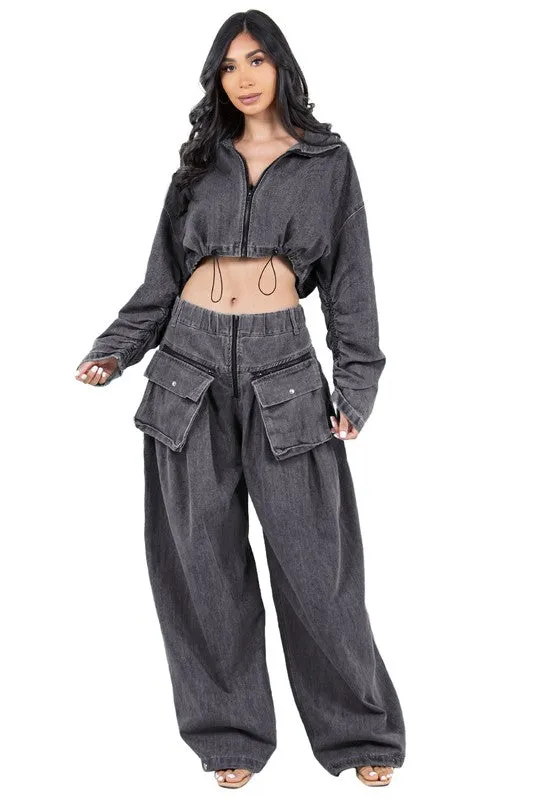 TEEK - DENIM TWO PIECE CROPPED POCKETED PANTS SET