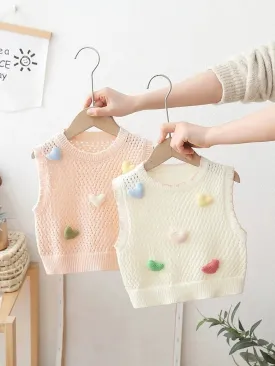 Vest with heart embroidery for children, sleeveless knit vest, round neck, cute and trendy, with open design, for spring and aut