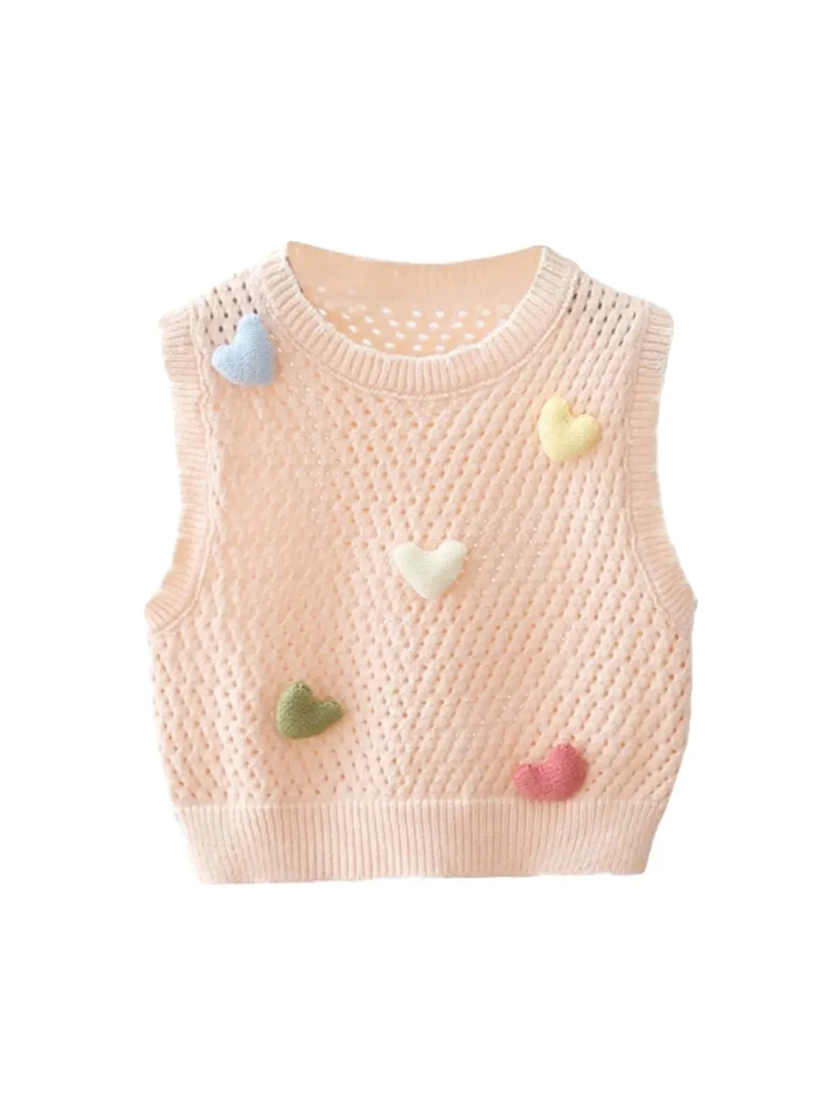 Vest with heart embroidery for children, sleeveless knit vest, round neck, cute and trendy, with open design, for spring and aut