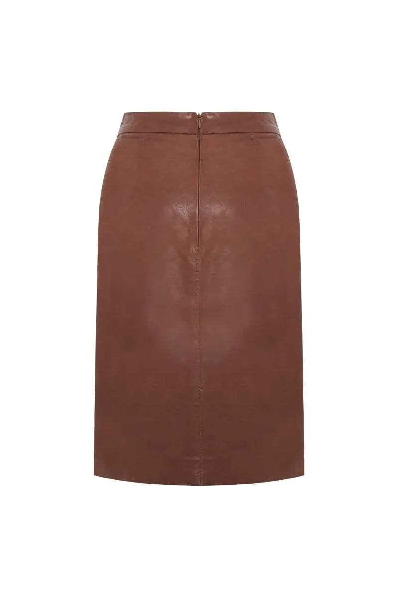 Viola Women's Midi Leather Skirt - Cognac