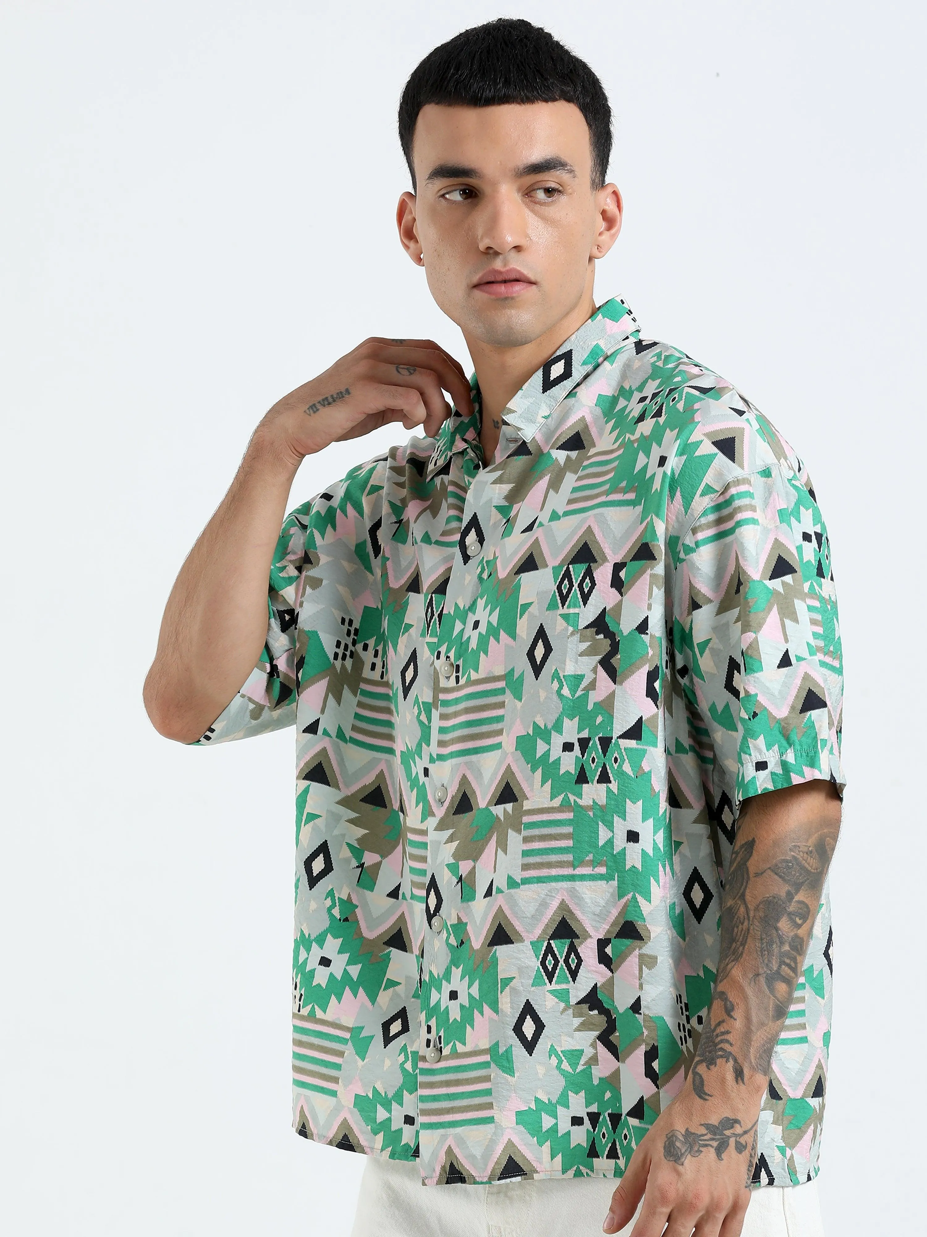 Whisp Cropped Baggy Geometric Printed Shirt - Green