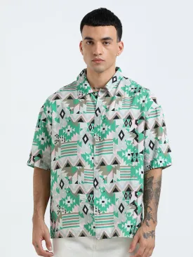 Whisp Cropped Baggy Geometric Printed Shirt - Green