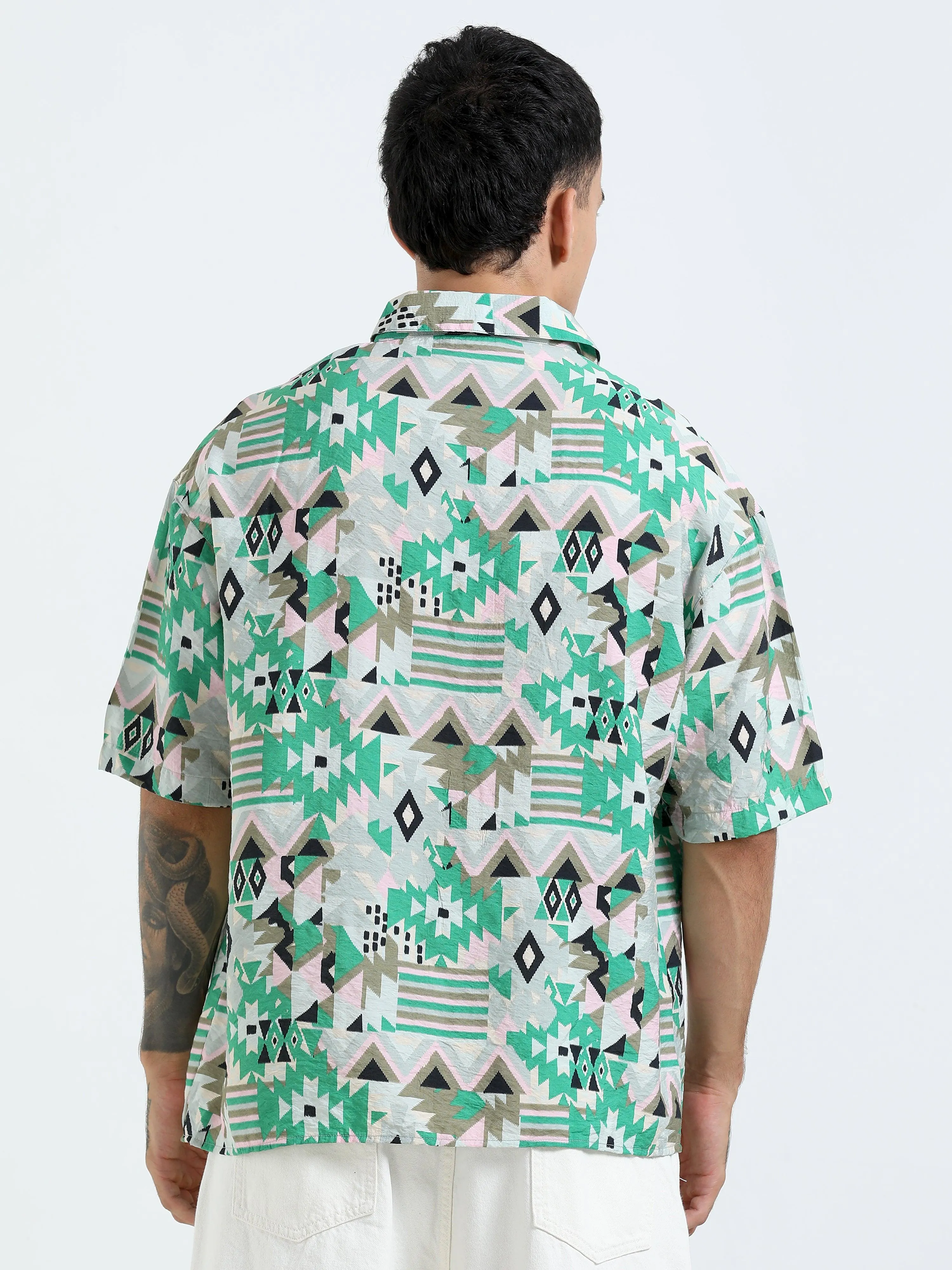 Whisp Cropped Baggy Geometric Printed Shirt - Green