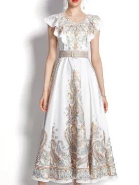 White Floral Print V Neck Butterfly Sleeveless Bohemian Dress Maxi Dress