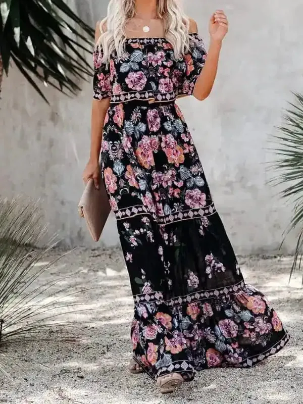 Women’s Embroidered Floral Off-the-shoulder Maxi Dress