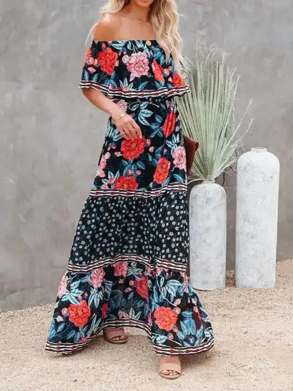 Women’s Embroidered Floral Off-the-shoulder Maxi Dress