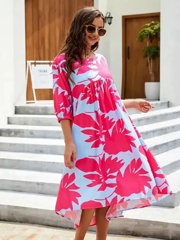 Women’s Printed Puff Sleeve Shift Midi Dress