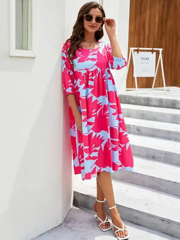 Women’s Printed Puff Sleeve Shift Midi Dress