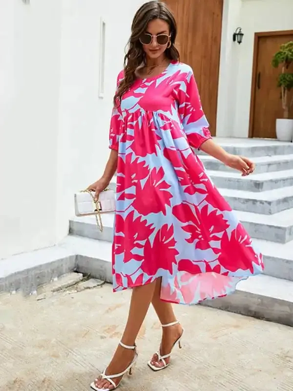 Women’s Printed Puff Sleeve Shift Midi Dress