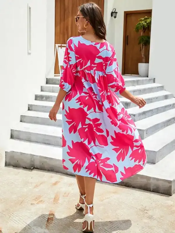 Women’s Printed Puff Sleeve Shift Midi Dress