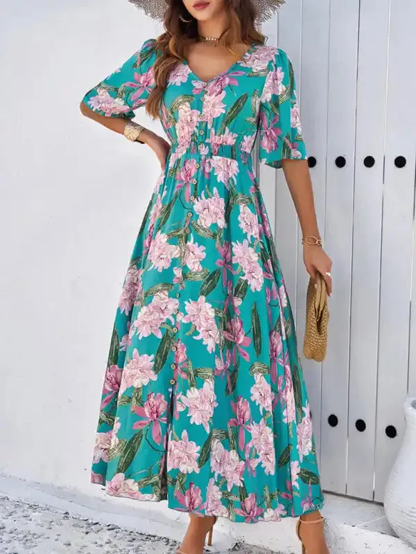 Women’s spring and summer vacation casual floral print slit dress