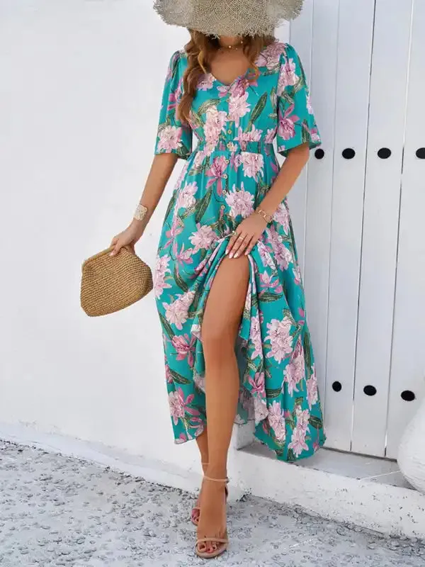 Women’s spring and summer vacation casual floral print slit dress