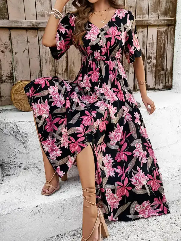 Women’s spring and summer vacation casual floral print slit dress