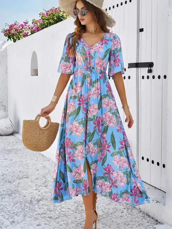 Women’s spring and summer vacation casual floral print slit dress