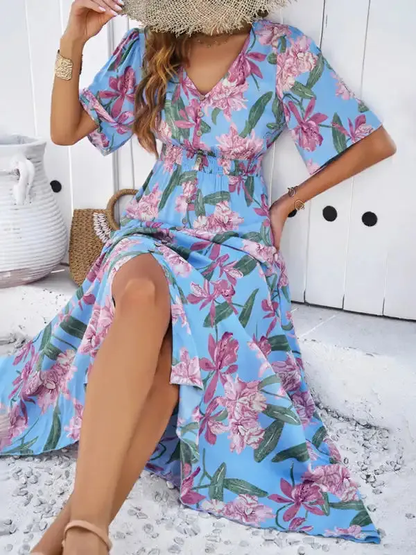 Women’s spring and summer vacation casual floral print slit dress