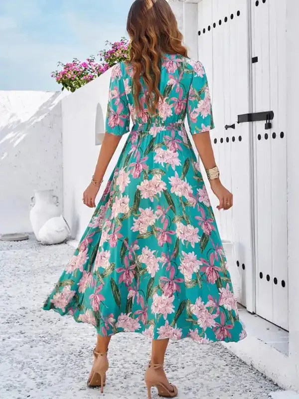 Women’s spring and summer vacation casual floral print slit dress