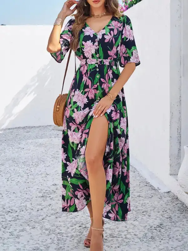 Women’s spring and summer vacation casual floral print slit dress