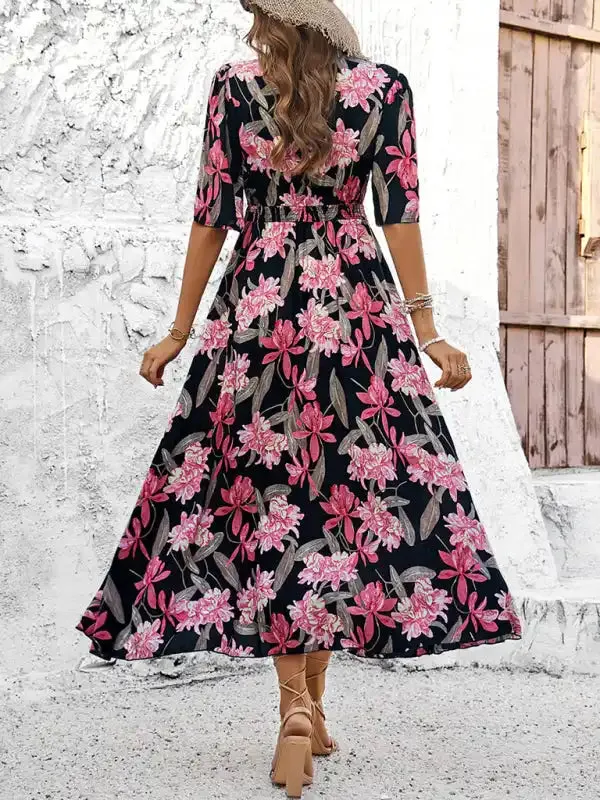 Women’s spring and summer vacation casual floral print slit dress