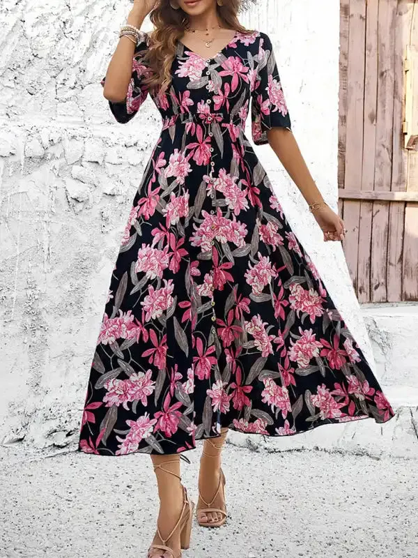 Women’s spring and summer vacation casual floral print slit dress