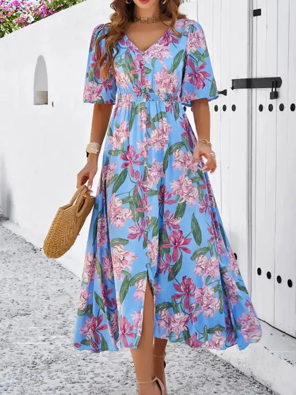 Women’s spring and summer vacation casual floral print slit dress