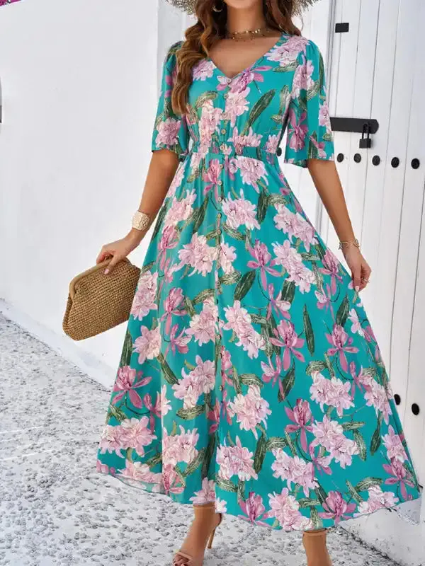 Women’s spring and summer vacation casual floral print slit dress