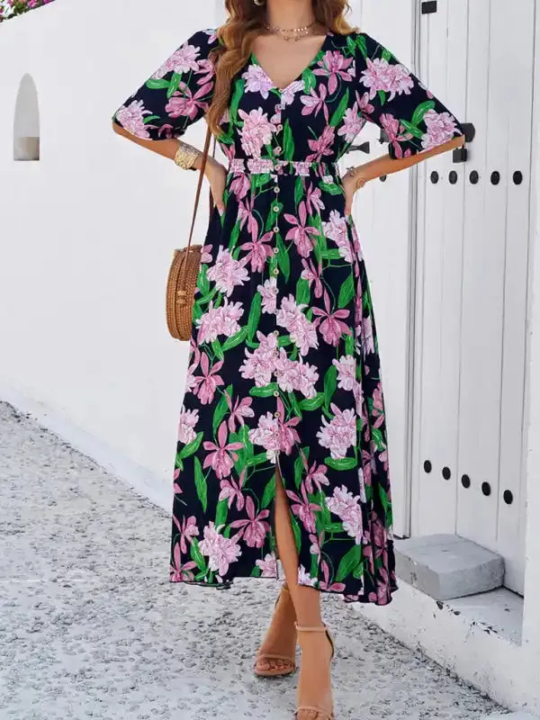 Women’s spring and summer vacation casual floral print slit dress