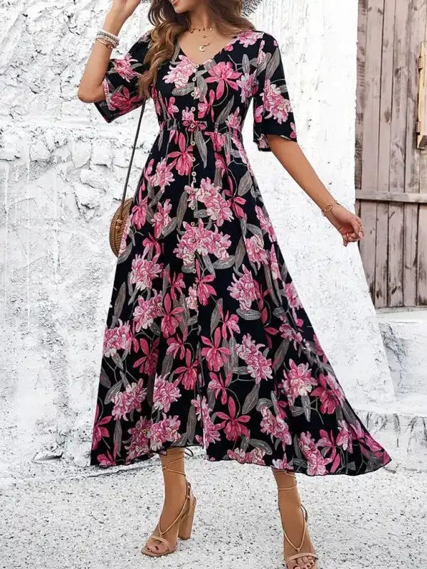 Women’s spring and summer vacation casual floral print slit dress