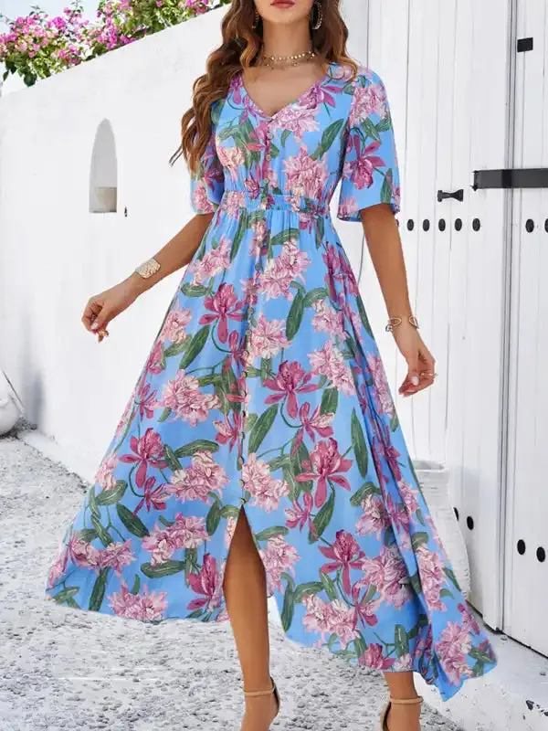 Women’s spring and summer vacation casual floral print slit dress