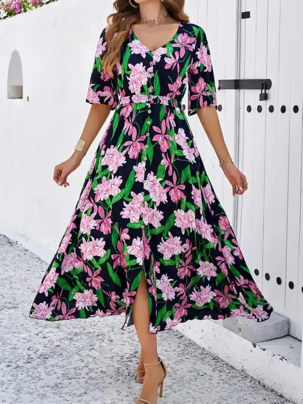 Women’s spring and summer vacation casual floral print slit dress