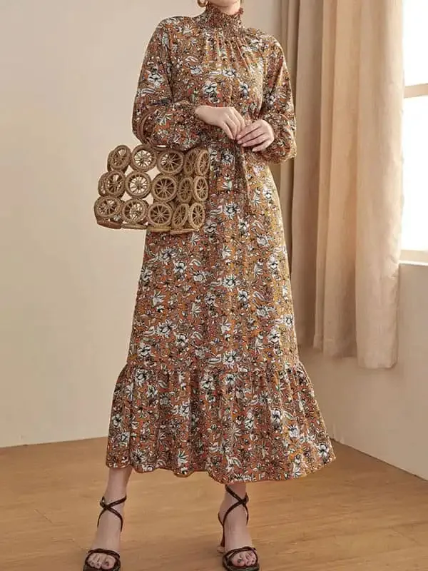 Women’s Waist Chiffon Floral French Stand Collar Long Sleeve Dress